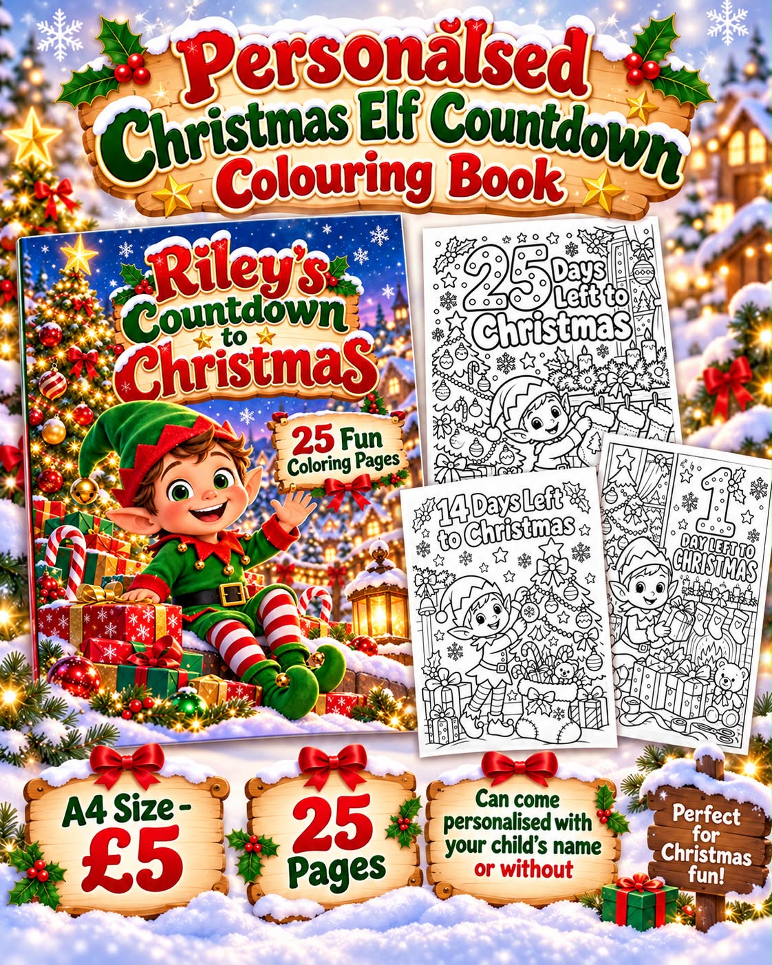 A4 Personalised countdown to Christmas colouring book - Elf