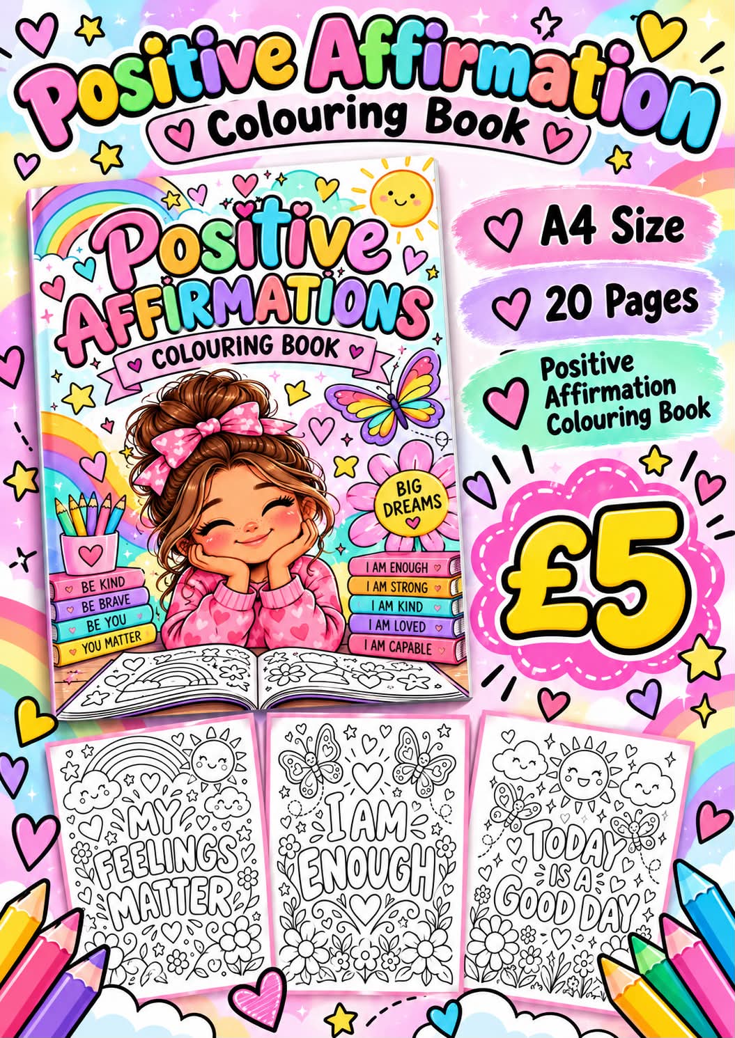 Positive affirmations A4 colouring book